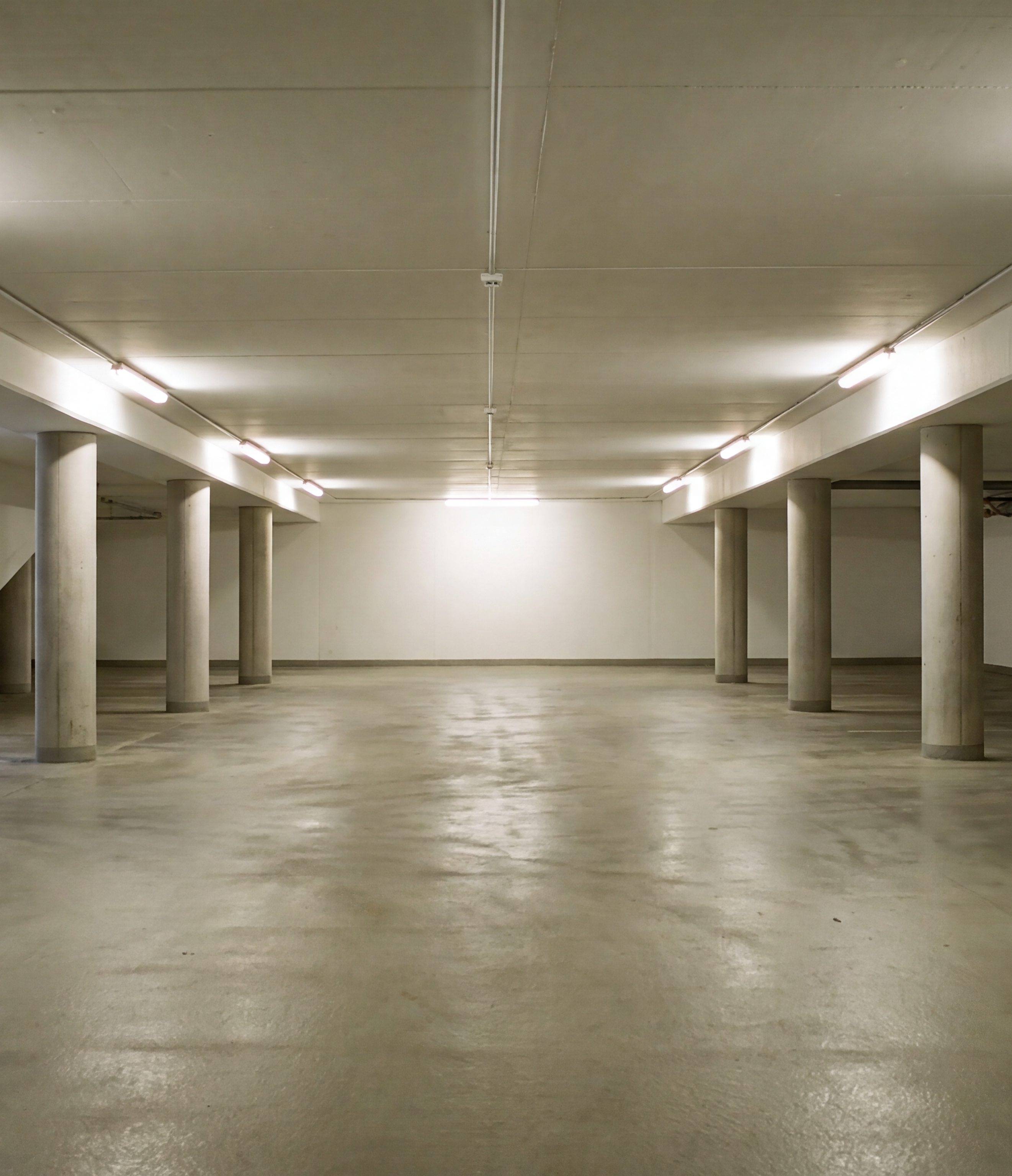 Tiefgarage mit Betonstuetzen und Deckenleuchten