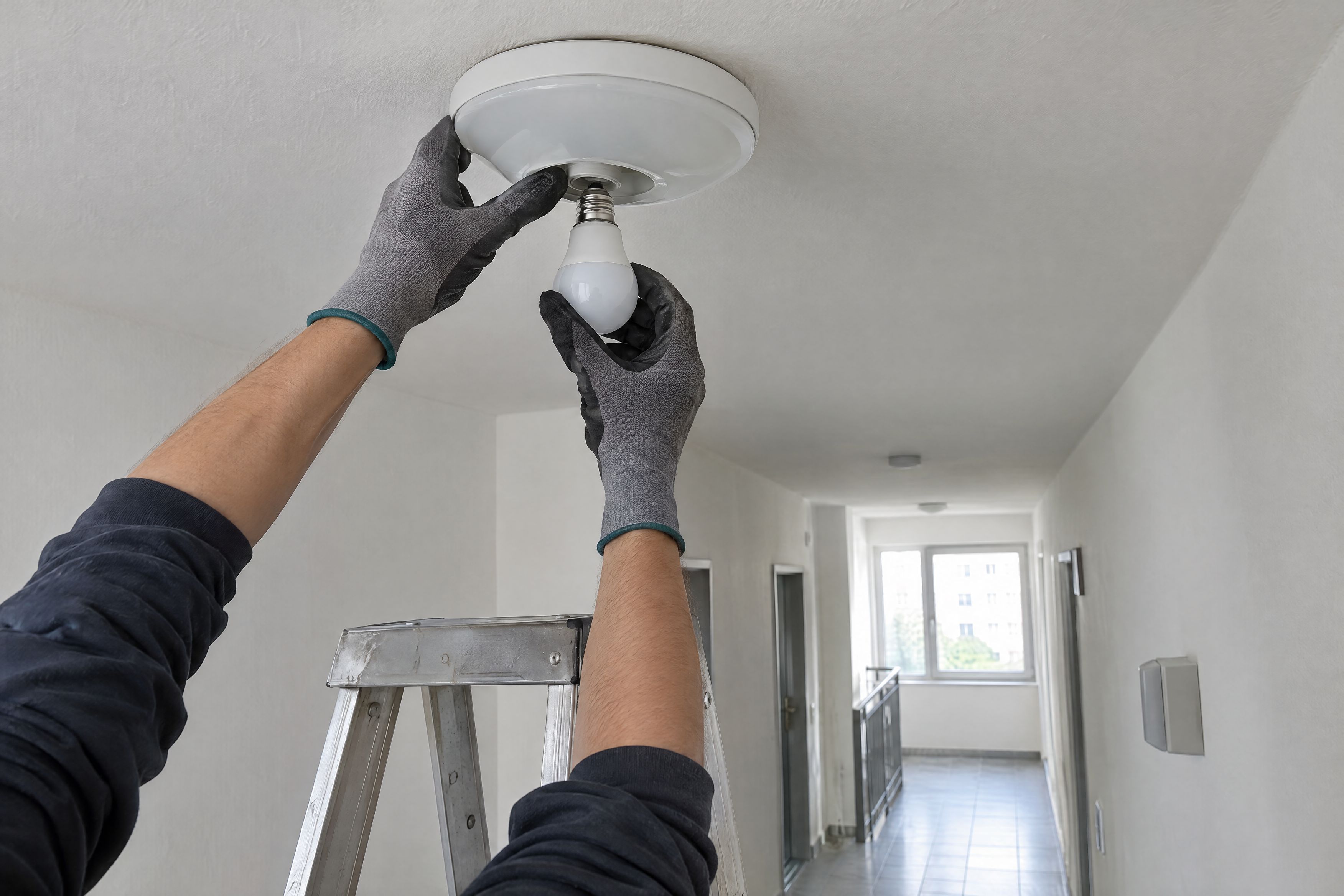 Hausmeister wechselt eine Glühbirne im Hausflur