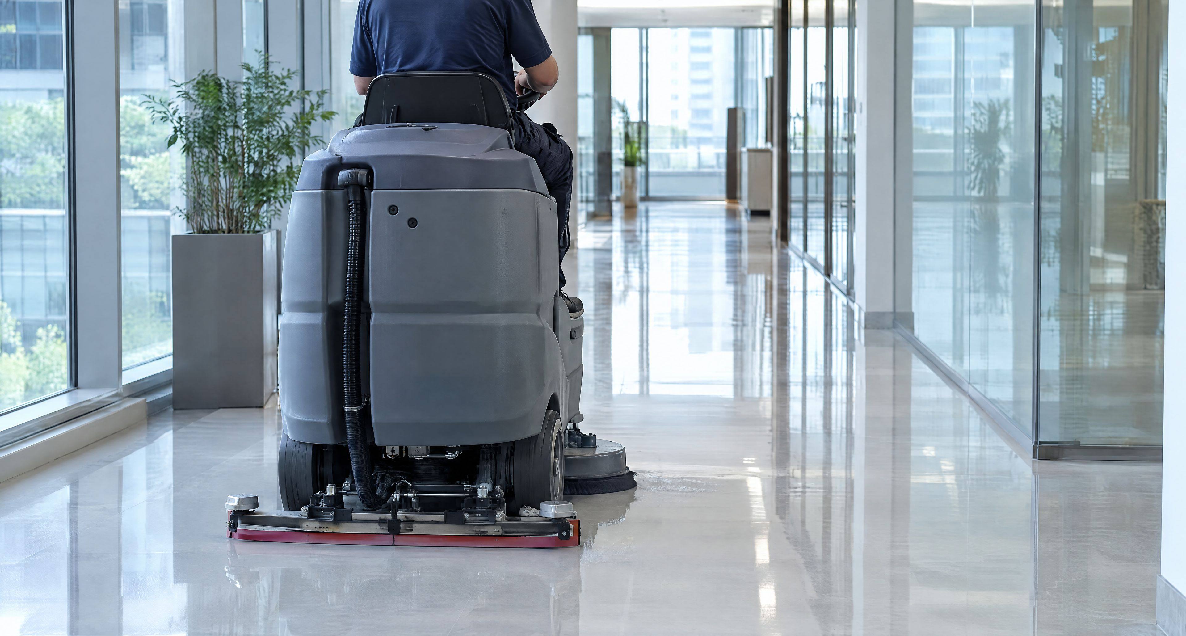 Scheuersaugmaschine reinigt den Boden eines Bürogangs
