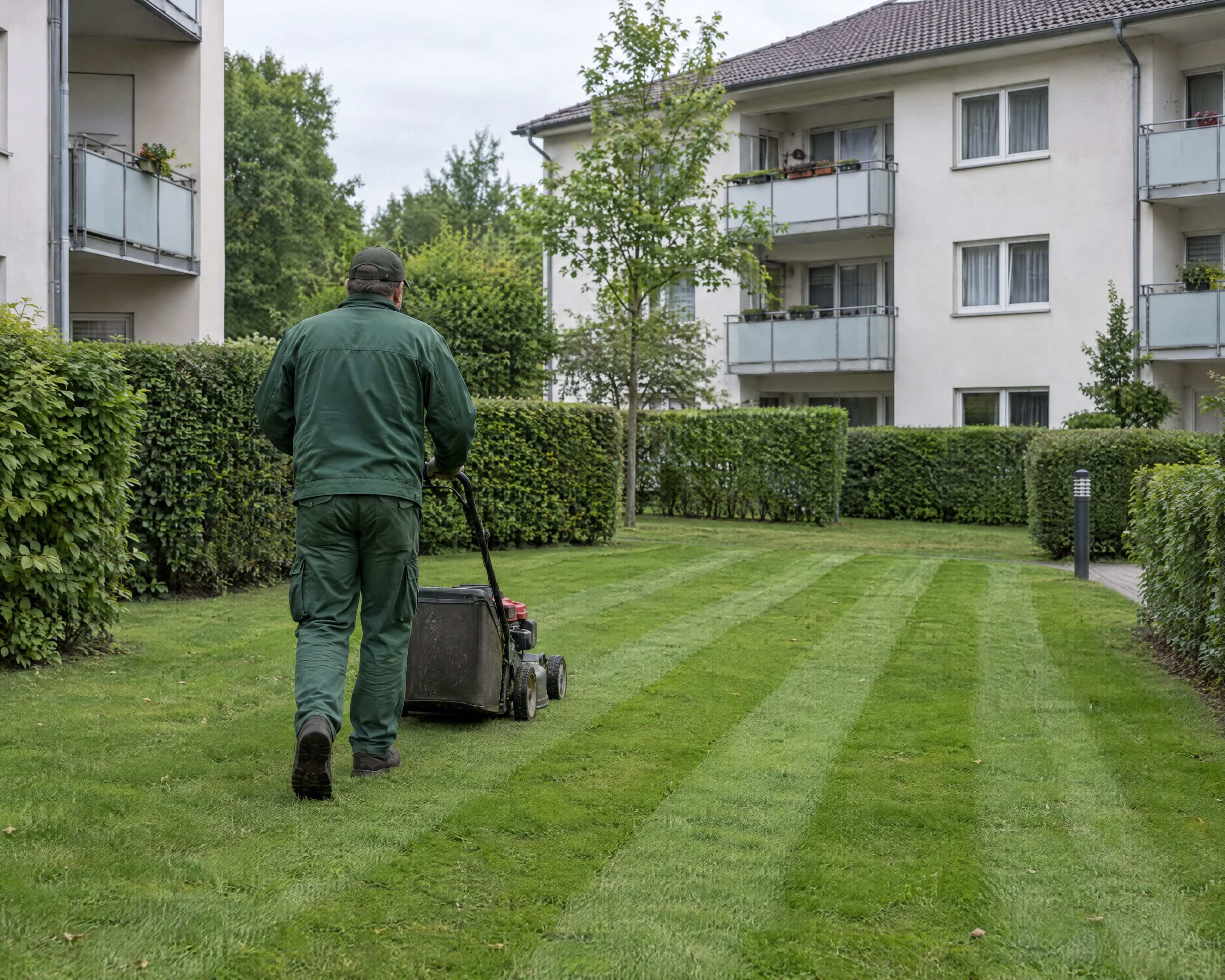 Rasenmähen in einer Wohnanlage