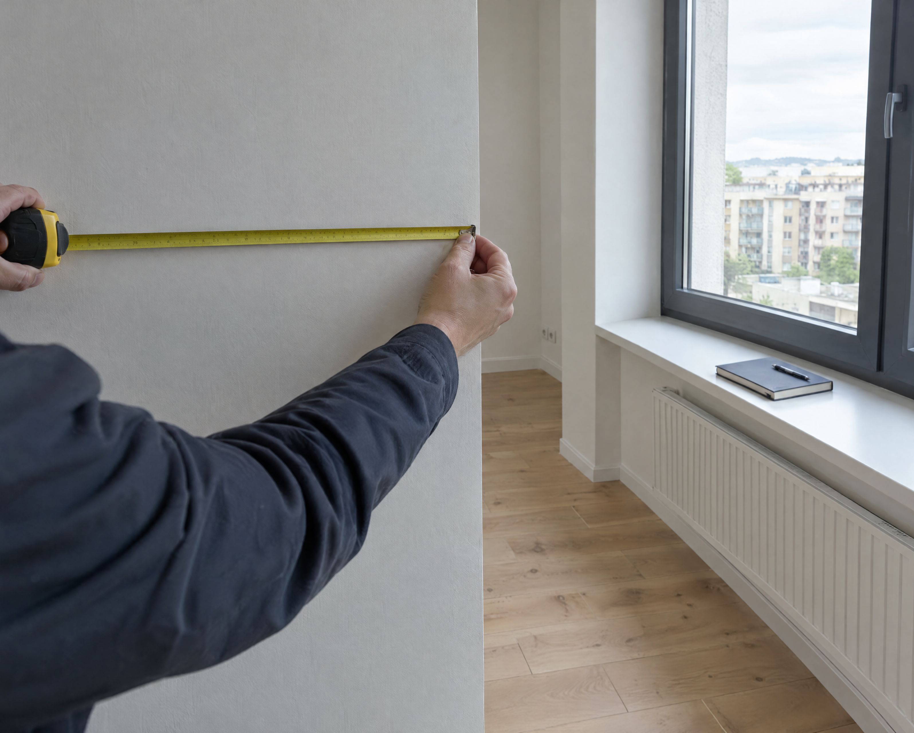 Aufmaß mit Maßband in einer renovierten Wohnung